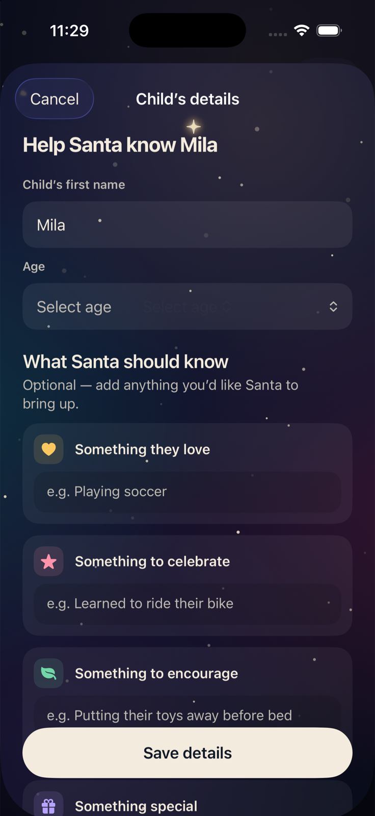 Child details screen for fictional Mila, with interests, achievements and encouragement fields